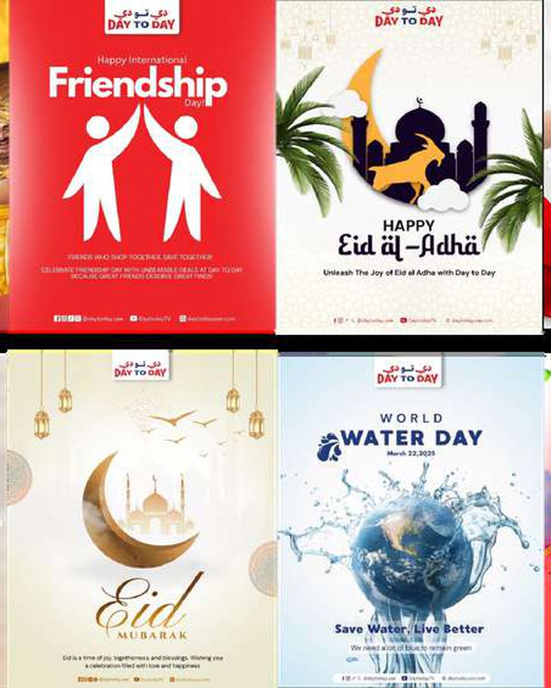 Seasonal festival and promotional poster designs for Eid al-Adha, Friendship Day, and Holi