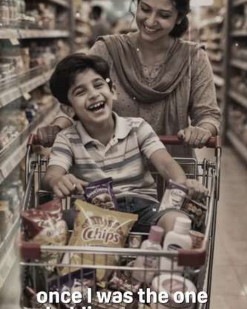 AI-generated video creative visual concept of mother and child shopping in hypermarket
